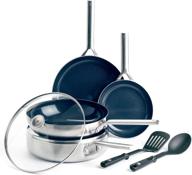 🍳 premium blue diamond ceramic nonstick cookware set - 7 piece stainless steel induction safe pots and pans, silver finish logo