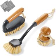 3-piece set of eco-friendly bamboo cleaning brushes for kitchen and bathroom - versatile scrub brushes, long-handled pan brush, and dish brush with stiff, thick, and soft bristles logo