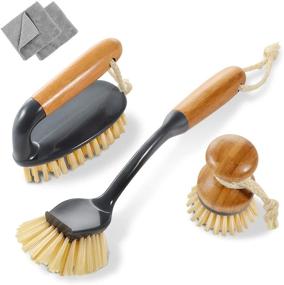 img 4 attached to 3-Piece Set of Eco-Friendly Bamboo Cleaning Brushes for Kitchen and Bathroom - Versatile Scrub Brushes, Long-Handled Pan Brush, and Dish Brush with Stiff, Thick, and Soft Bristles