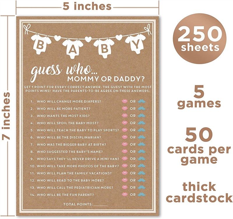 Party Hearty, Baby Shower Games Rustic Kraft, Mommy or Daddy Guess Who  Game, Set of 50 Cards, 5x7 inches, Gender Neutral Boy Girl, Fun, Unique and