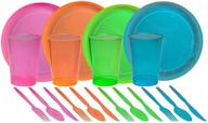 🐯 tiger chef 40-piece neon assorted glow party supplies - neon pink, blue, green, and orange hard plastic plates, cups, and cutlery - service for 8 logo