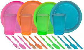 img 4 attached to 🐯 Tiger Chef 40-Piece Neon Assorted Glow Party Supplies - Neon Pink, Blue, Green, and Orange Hard Plastic Plates, Cups, and Cutlery - Service for 8
