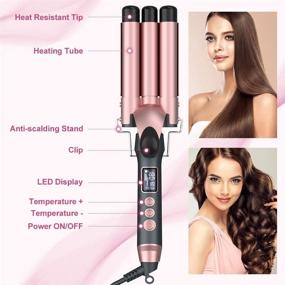 img 1 attached to 🌹 3 Barrel Curling Iron Wand: LCD Display, Ceramic Tourmaline, Adjustable Temperature, Dual Voltage (Rose Gold)