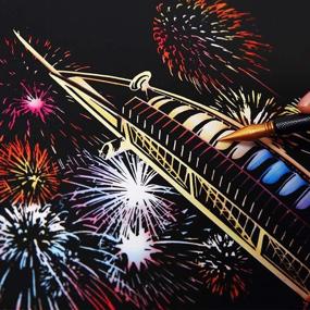 img 3 attached to 🎆 Fireworks Series Scratch & Sketch Art Paper A4 - Ideal for Kids & Adults, Rainbow Painting Night View Art & Craft, Engraving Art Set: 8 Sheets Scratch Cards & Scratch Drawing Pen, Including Clean Brush