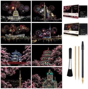 img 4 attached to 🎆 Fireworks Series Scratch & Sketch Art Paper A4 - Ideal for Kids & Adults, Rainbow Painting Night View Art & Craft, Engraving Art Set: 8 Sheets Scratch Cards & Scratch Drawing Pen, Including Clean Brush