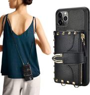 📱 zve iphone 11 pro max wallet case: crossbody credit card holder with wrist strap - black logo