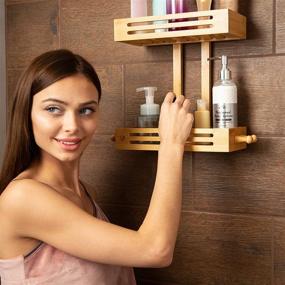 img 1 attached to 🚿 Rustproof Bamboo Hanging Shower Caddy by Crew & Axel - 2 Level Storage Organizer | Waterproof & Anti-Stain | Over the Shower Head Caddy | 27"x11"x5