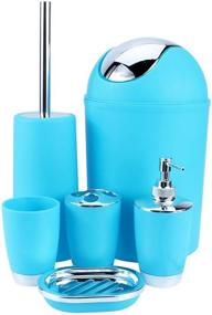 img 3 attached to 🚽 Bathroom Accessories Set - 6 Piece Plastic Bath Ensemble: Lotion Bottles, Toothbrush Holder, Tooth Mug, Soap Dish, Toilet Brush, Trash Can (Blue)