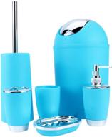 🚽 bathroom accessories set - 6 piece plastic bath ensemble: lotion bottles, toothbrush holder, tooth mug, soap dish, toilet brush, trash can (blue) logo