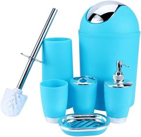 img 2 attached to 🚽 Bathroom Accessories Set - 6 Piece Plastic Bath Ensemble: Lotion Bottles, Toothbrush Holder, Tooth Mug, Soap Dish, Toilet Brush, Trash Can (Blue)