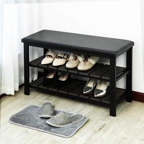 img 3 attached to 👞 Finnhomy 3-Tier Shoe Rack Bench Cushion: Stylish Black Wood Furniture with 400 lb Capacity for Entryway, Bedroom, Hallway