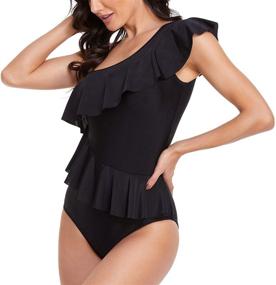 img 1 attached to 👙 One Shoulder Ruffled Tummy Control Swimsuit for Women - Smismivo Curvy Swimwear with Asymmetric Flounce - One Piece Bathing Suit