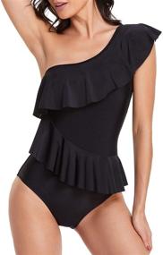 img 3 attached to 👙 One Shoulder Ruffled Tummy Control Swimsuit for Women - Smismivo Curvy Swimwear with Asymmetric Flounce - One Piece Bathing Suit