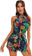 shein women's tropical print halter romper with a sexy cutout criss cross tie back logo