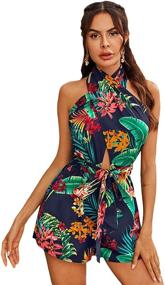 img 4 attached to SheIn Women's Tropical Print Halter Romper with a Sexy Cutout Criss Cross Tie Back