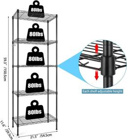 img 1 attached to 📦 5-Tier Adjustable Steel Wire Shelving Unit - Metal Storage Rack with Stainless Steel Hooks and Leveling Feet, Ideal for Living Room, Kitchen, Bathroom, Garage, and Pantry Organization (Black)