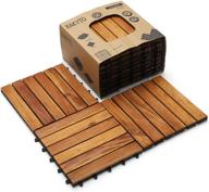 🔲 premium wood interlocking flooring tiles - pack of 10, 12" x 12" solid wood acacia deck tiles, waterproof outdoor patio tiles - natural color, 6 slat all-weather design logo