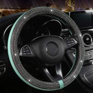 👑 mint blue glitter diamond leather steering wheel cover for women and girls - universal fit, 15 inches - black panther bling bling logo