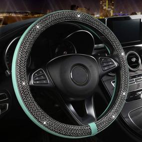 img 4 attached to 👑 Mint Blue Glitter Diamond Leather Steering Wheel Cover for Women and Girls - Universal Fit, 15 Inches - Black Panther Bling Bling