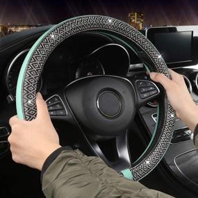 img 2 attached to 👑 Mint Blue Glitter Diamond Leather Steering Wheel Cover for Women and Girls - Universal Fit, 15 Inches - Black Panther Bling Bling