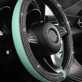 img 1 attached to 👑 Mint Blue Glitter Diamond Leather Steering Wheel Cover for Women and Girls - Universal Fit, 15 Inches - Black Panther Bling Bling