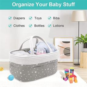 img 1 attached to 👶 Cotton Rope Baby Diaper Caddy Organizer, Nursery Storage Bin & Diaper Stacker Caddy Basket for Newborn Girl & Boy. Portable Changing Table Car Organizer with Divider for Wipes & Diapers in Grey & White Star Design