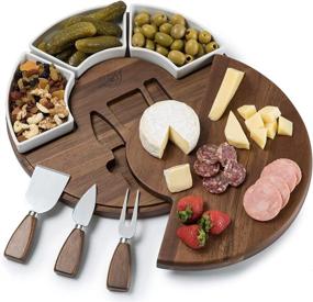 img 4 attached to 🧀 Shanik Acacia Wood Cheese Cutting Board Set - Upgraded Charcuterie Board Set - Ideal Meat and Cheese Board with Utensils, 3 Knives, Ceramic Bowls, and Wine Server Plate