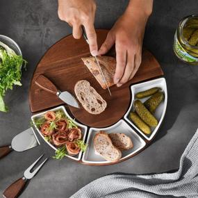 img 1 attached to 🧀 Shanik Acacia Wood Cheese Cutting Board Set - Upgraded Charcuterie Board Set - Ideal Meat and Cheese Board with Utensils, 3 Knives, Ceramic Bowls, and Wine Server Plate