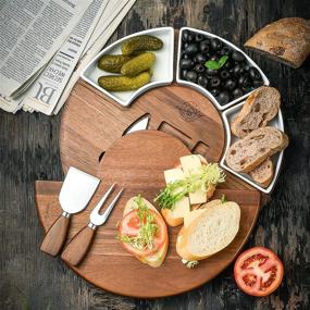 img 2 attached to 🧀 Shanik Acacia Wood Cheese Cutting Board Set - Upgraded Charcuterie Board Set - Ideal Meat and Cheese Board with Utensils, 3 Knives, Ceramic Bowls, and Wine Server Plate