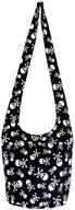 💀 black and white medium hippie hobo sling crossbody bag with front phone pocket - fully lined skull logo
