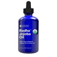 🌿 radha beauty organic jojoba oil 4 fl oz - 100% pure unrefined cold pressed jojoba - top carrier oil for hair, skin, nails moisturization logo
