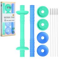 👶 baby teething tube with safety shield - hollow teether sensory toy and gum massager for 3-12 month old boys and girls - food-grade silicone - includes 1 pair and 4 cleaning brushes (emerald+blue) logo