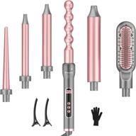 💁 professional 6-in-1 curling iron set with hair straightener brush, interchangeable ceramic barrels, 60 min auto off - heat resistant glove included (pink) logo