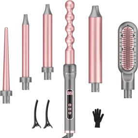 img 4 attached to 💁 Professional 6-in-1 Curling Iron Set with Hair Straightener Brush, Interchangeable Ceramic Barrels, 60 Min Auto Off - Heat Resistant Glove included (Pink)