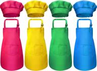👨 chengu 8-piece kids apron and chef hat set, boys girls adjustable child aprons with 2 pockets - kitchen bib aprons for cooking, baking, and wear (medium size: green, rose-red, yellow, blue) логотип