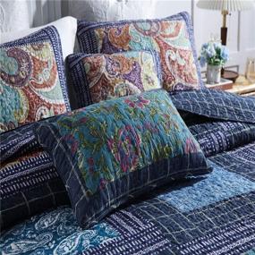 img 3 attached to STACYPIK 100% Cotton King Size Quilt: Lightweight Bedding Set with Navy Blue Plaid and Tan Floral Design