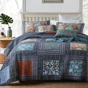 img 4 attached to STACYPIK 100% Cotton King Size Quilt: Lightweight Bedding Set with Navy Blue Plaid and Tan Floral Design