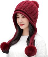 🧤 warm winter beanie hat for women with ear flaps, fleece lining, dual layered pompoms - huamulan ski cap логотип