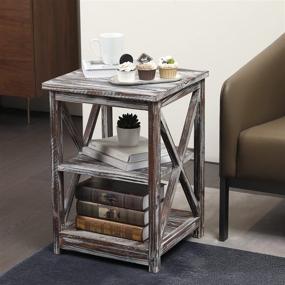 img 1 attached to 🏡 MyGift Rustic Farmhouse X Design End Table with 2 Torched Wood Display Storage Shelves for Living Room