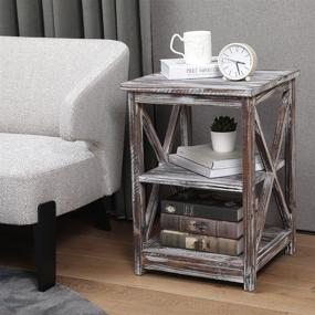 img 4 attached to 🏡 MyGift Rustic Farmhouse X Design End Table with 2 Torched Wood Display Storage Shelves for Living Room