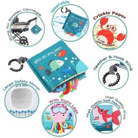 img 1 attached to 🐠 Soft Cloth Fish Book for Babies, Shark Tails Crinkle Activity Baby Books, Early Education Toys for Infants, Toddlers, and Kids, Teether Ring Included, Teething Baby Book with Baby Shark, Octopus, and Ocean Sea Animal Themes