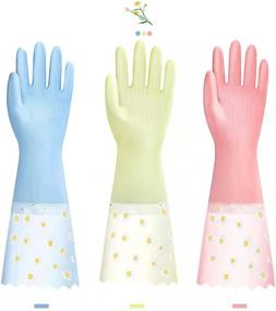 img 4 attached to Set of 3 Pairs Dishwashing Cleaning Gloves 🧤 - Reusable, Non-Slip, Waterproof Household Gloves for Laundry, Kitchen, Gardening