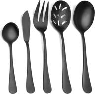 sharecook 5-piece matte black serving set - large hostess set with round edge, satin finish, dishwasher safe - includes spoons, forks, butter knife, and slotted spoon - 18/0 stainless steel logo