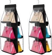 👜 han sheng set of 2 hanging purse handbag organizers - clear 6 pocket hanging shelf bag collection storage holder for purse bag wardrobe closet - space saving organizers in black логотип