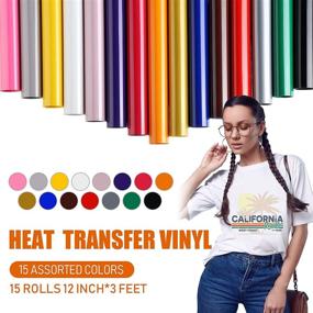 img 3 attached to 👕 15-Pack Heat Transfer Vinyl Roll Iron on Vinyl HTV Bundle for T-Shirts - Compatible with Cricut, Cameo, Heat Press Machines, Sublimation (12 Inch x 3 Feet)