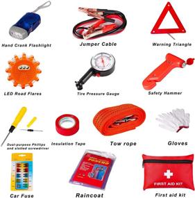 img 3 attached to 🚗 CELYND Car Emergency Kit - Roadside Assistance with Jumper Cables, First Aid Kit, Road Flares, Tire Pressure Gauge, Reflective Warning Triangle, Safety Hammer & More - Essential Car Accessories Tool