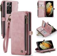 🌸 high-quality defencase samsung galaxy s21 ultra wallet case in rose pink - stylish design with magnetic flip, lanyard strap, and card holder logo