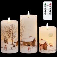 christmas flameless candles flickering with remote timer, 3d wick real wax led pillar candles, warm light, snowman deer home decor gift - genswin (pack of 3) логотип