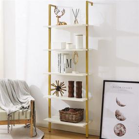 img 3 attached to 📚 Stylish and Sturdy: SUPERJARE 5-Tier Wood Wall-Mounted Bookcase for Home or Office – White/Gold