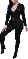 women's bodycon jumpsuits - v neck, long sleeve, high waist, slim fit, long romper with pockets and belt logo